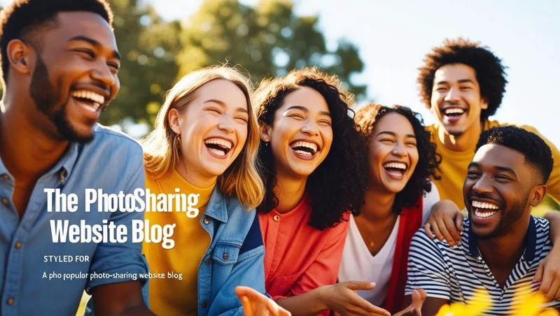A vibrant, high-resolution photograph styled for a popular photo-sharing website blog, showcasing a diverse group of friends laughing together outdoors on a sunny day.  The image features a shallow depth of field, focusing on the joyful expressions of the individuals, with a naturally lit background blurring slightly. The overall aesthetic is bright, cheerful, and inviting, using warm, saturated colors.
