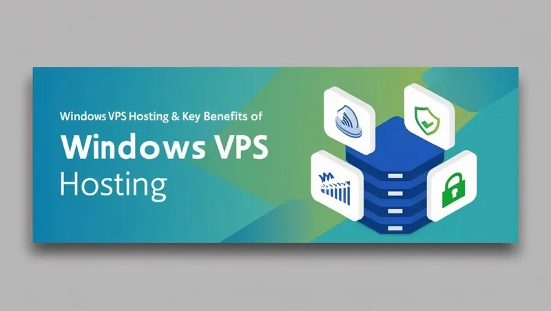 A vibrant and professional blog header image depicting the key benefits of Windows VPS hosting. The image should feature a stylized graphic representing speed, security, and scalability, perhaps using icons or abstract shapes in a modern, clean design. Use a predominantly blue and green color palette, conveying trust and reliability, with a subtle gradient background. The style should be minimalist and contemporary, suitable for a technology blog. The layout should be horizontal, suitable for various screen sizes.