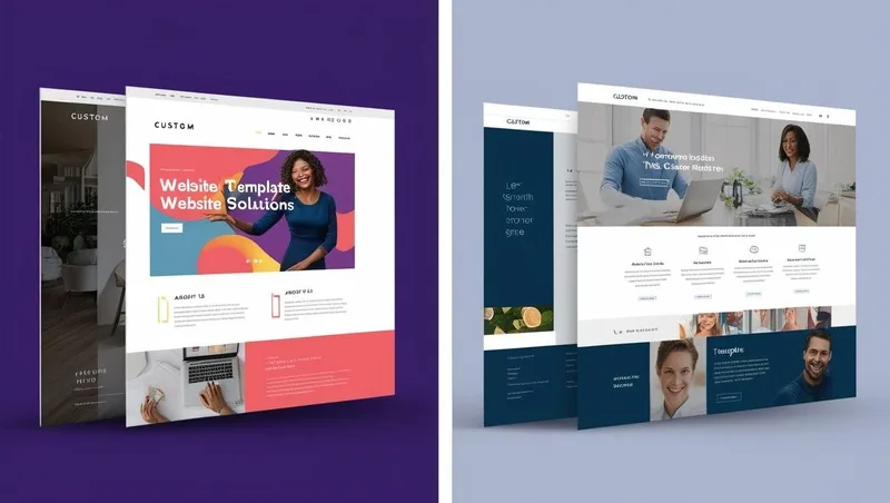 A split-screen comparison showcasing custom and template website solutions. On the left, a vibrant, modern custom website with clean lines and a unique design, featuring high-quality photography and intuitive navigation. On the right, a more generic template website with a standardized layout and stock imagery, showcasing a less personalized and potentially less engaging user experience. Both websites should display similar content, such as a homepage with a hero image, about us section, services page, and contact information. The overall style should be informative and visually appealing, utilizing a clean, professional aesthetic.