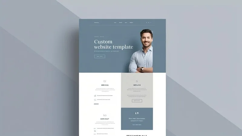 A clean and modern custom website template, featuring a minimalist design with a muted color palette of blues and grays. The layout includes a prominent hero image section with a call to action button, followed by sections for services, testimonials, and contact information. The overall style is professional and user-friendly, utilizing clear typography and intuitive navigation. The image should showcase the template on a high-resolution display.