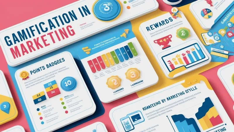A vibrant infographic illustrating gamification in marketing, featuring playful icons and bright colors, presented in a clean, modern style with a clear, easily digestible layout. The infographic uses a combination of charts and illustrations to depict key concepts such as points, badges, leaderboards, and rewards within a marketing context. The overall aesthetic is professional yet engaging, utilizing a bright, positive color palette.