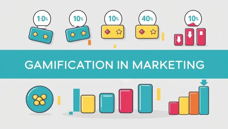 A vibrant infographic illustrating the concept of gamification in marketing, featuring playful icons representing rewards, points, and progress bars against a clean, modern background. The style should be flat design with a bright color palette, showcasing a clear visual hierarchy emphasizing key elements. The overall aesthetic should be engaging and easily understandable, with a focus on clarity and visual appeal.