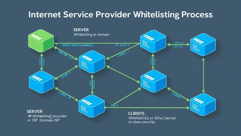 A detailed illustration of an internet service provider (ISP) whitelisting process, depicted as a network diagram with brightly colored nodes representing servers and clients, connected by lines indicating data flow. The style should be clean, modern, and easily understandable, using a flat design aesthetic. The color palette should be predominantly blues and greens, symbolizing security and stability. The overall composition should be balanced and clearly illustrate the steps involved in whitelisting a specific IP address or domain.