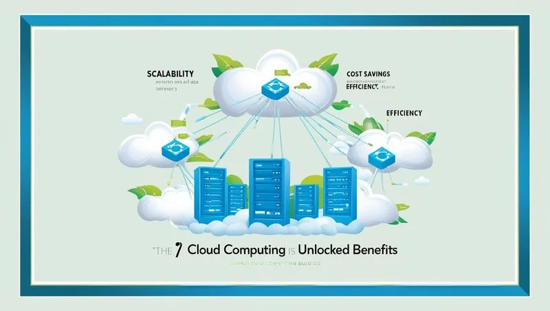 Create a vibrant and informative blog image illustrating the essentials of cloud computing and its unlocked benefits. Depict a stylized network of interconnected nodes and servers floating amidst fluffy, white clouds, with beams of light symbolizing data transfer. Use a bright, clean color palette with accents of blues and greens. Employ a modern, minimalist style with clear, easy-to-read typography highlighting key phrases like "Scalability," "Cost Savings," and "Efficiency."