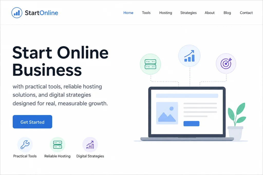 Modern Start Online Business banner featuring practical business tools, reliable web hosting solutions, digital marketing strategies, analytics dashboard, and cloud technology for scalable online business growth and website success.