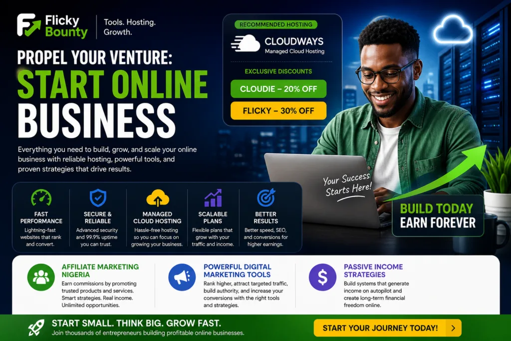 Start online business using the best web hosting Nigeria offers, illustrated with modern digital tools, cloud technology, and online entrepreneurship growth concept